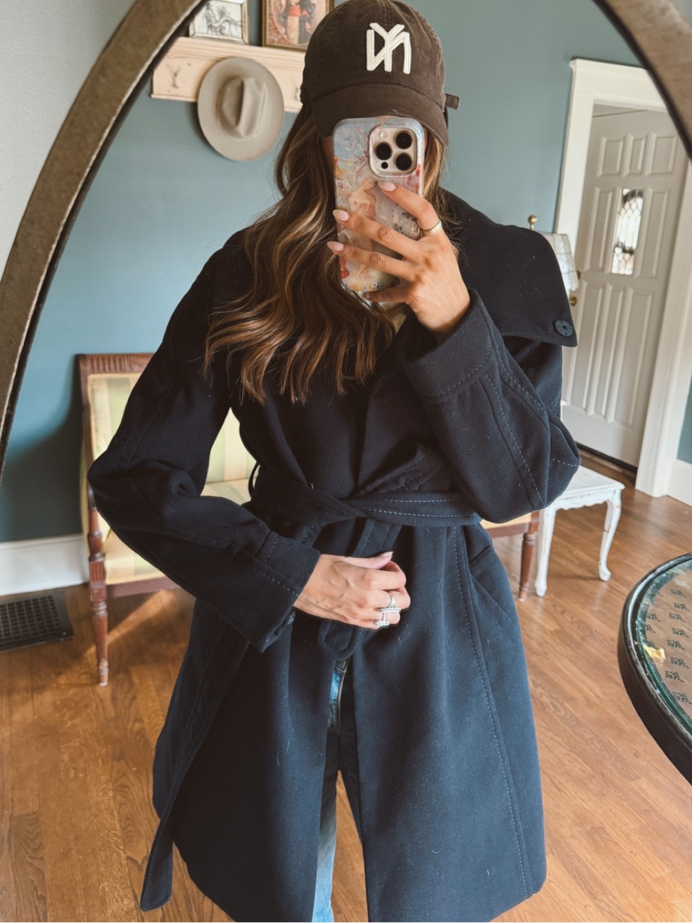 H&M navy blue coat large funnel neck sz 12 / L